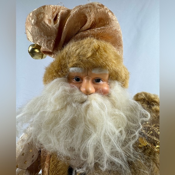 Golden Santa Claus Standing 12 Inches With Teddy Bear & Wreath. Satin Jacquard - Picture 2 of 9